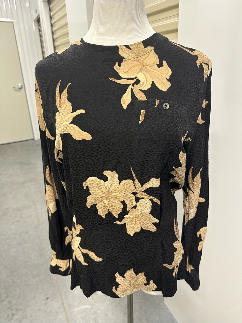 Vintage Silk Liz Claiborne Black Floral Long-Sleeve Top with Gold Floral Print